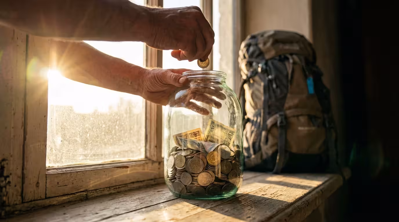 Low angle view of hands saving international currency in a glass jar for travel.