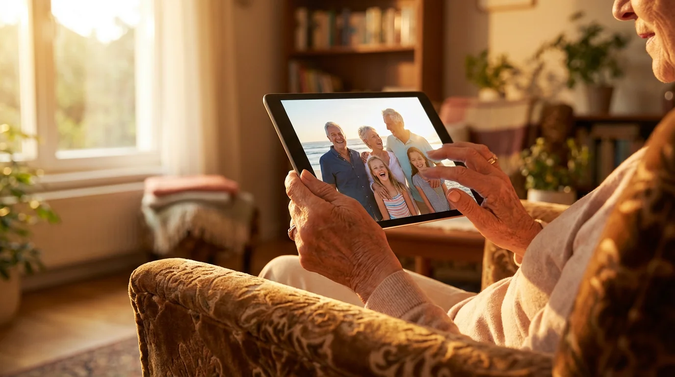 Low angle view of senior woman's hands holding a tablet displaying a family photo.