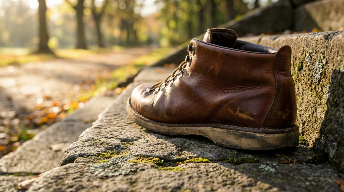 Macro photo of a comfortable leather walking shoe on an old stone step.