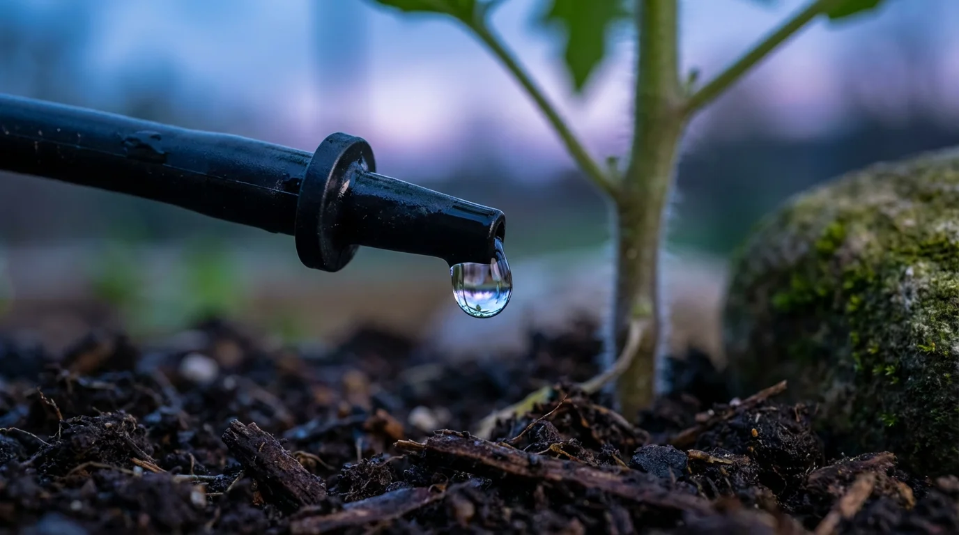 Macro photo of a drip irrigation system watering a plant at twilight.