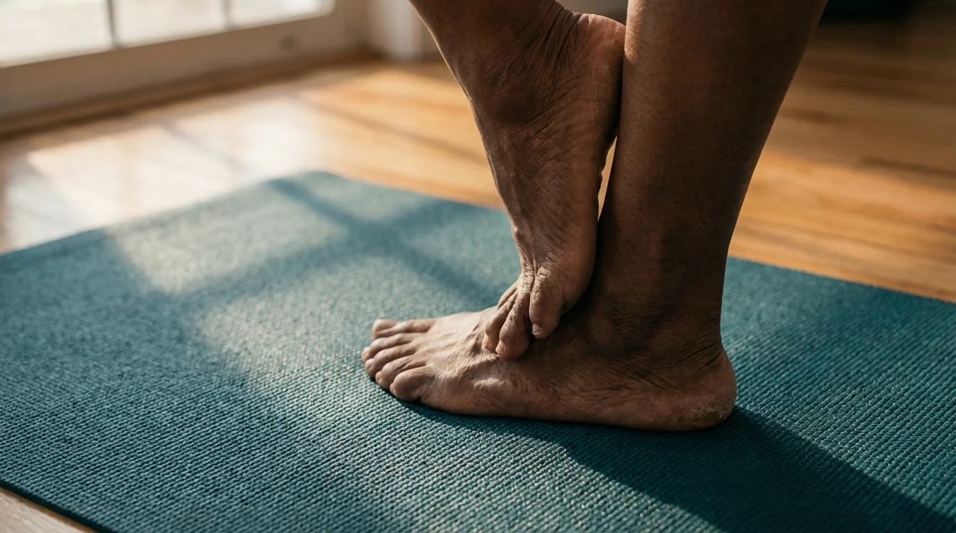 Macro photo of a senior's bare feet on a yoga mat during a balance exercise.