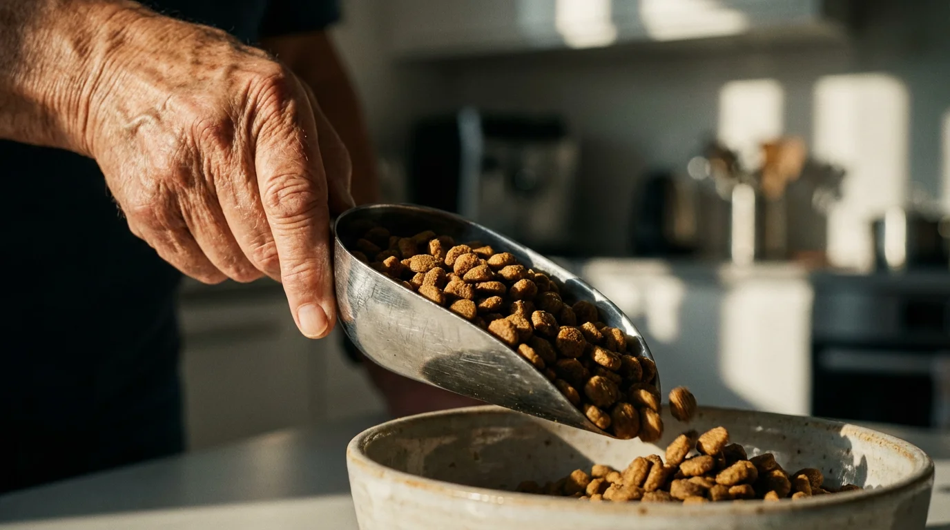 Macro photo of a senior's hand scooping dry pet food into a bowl.