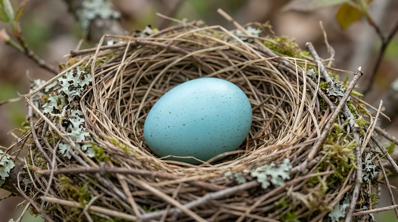 Macro photo of a single blue egg resting safely in a detailed bird's nest.
