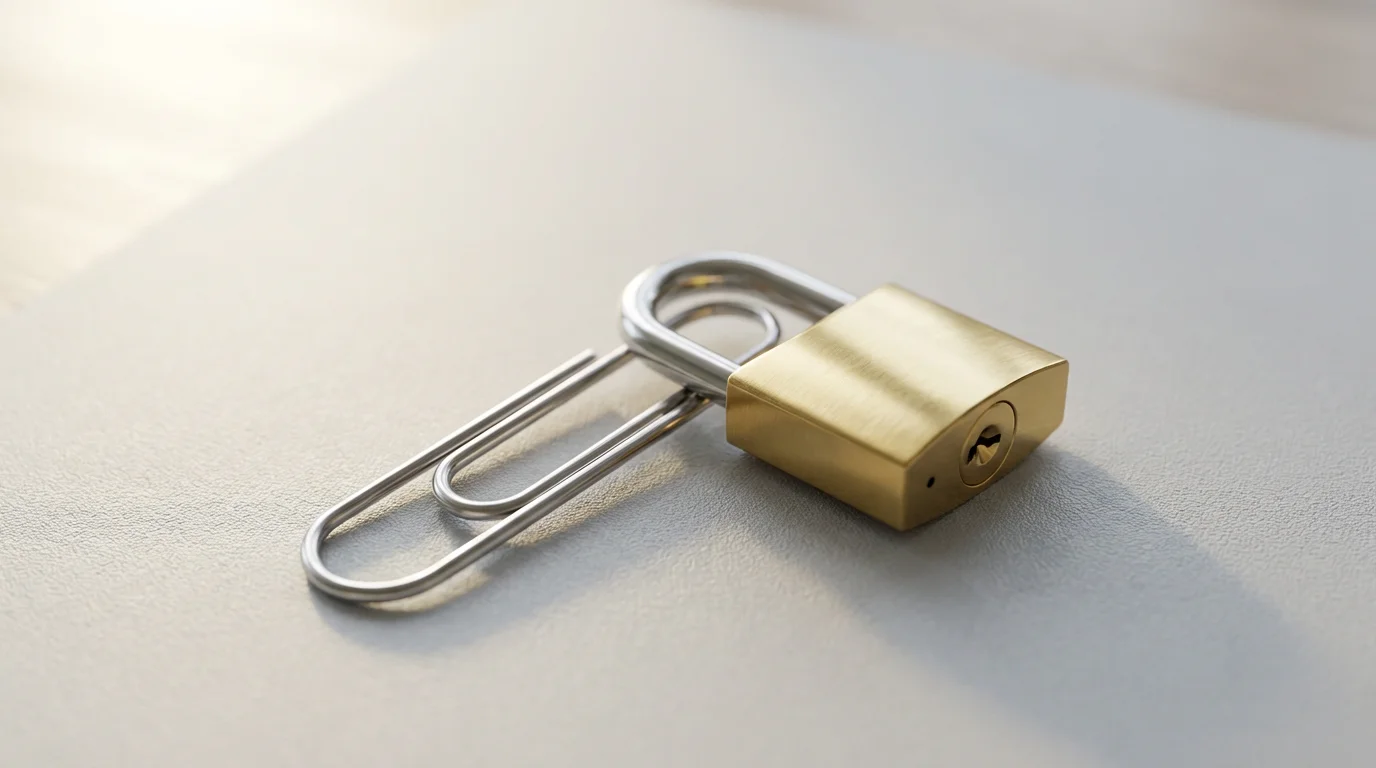 Macro photo of a small padlock linked through a silver paperclip on a desk.