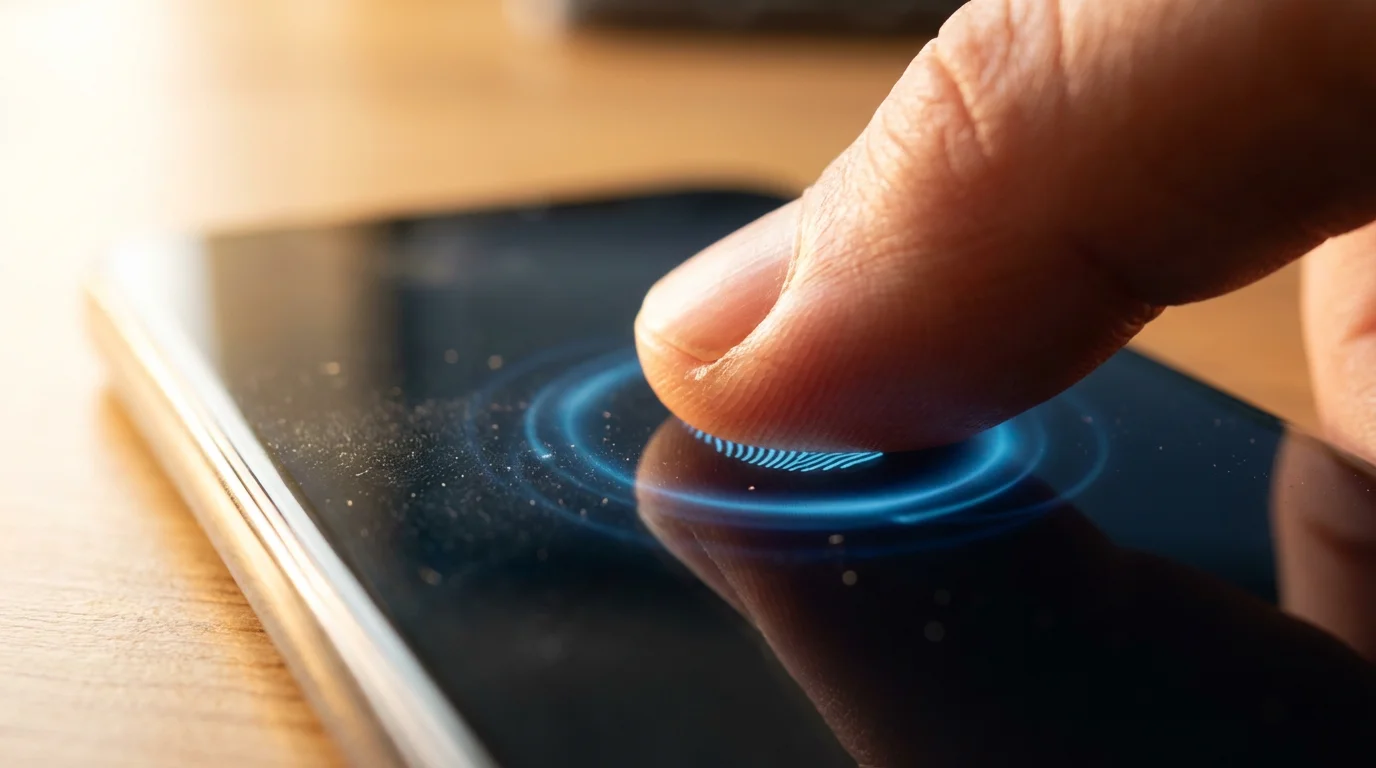 Macro photo of a thumb pressing a glowing biometric fingerprint scanner on a smartphone.