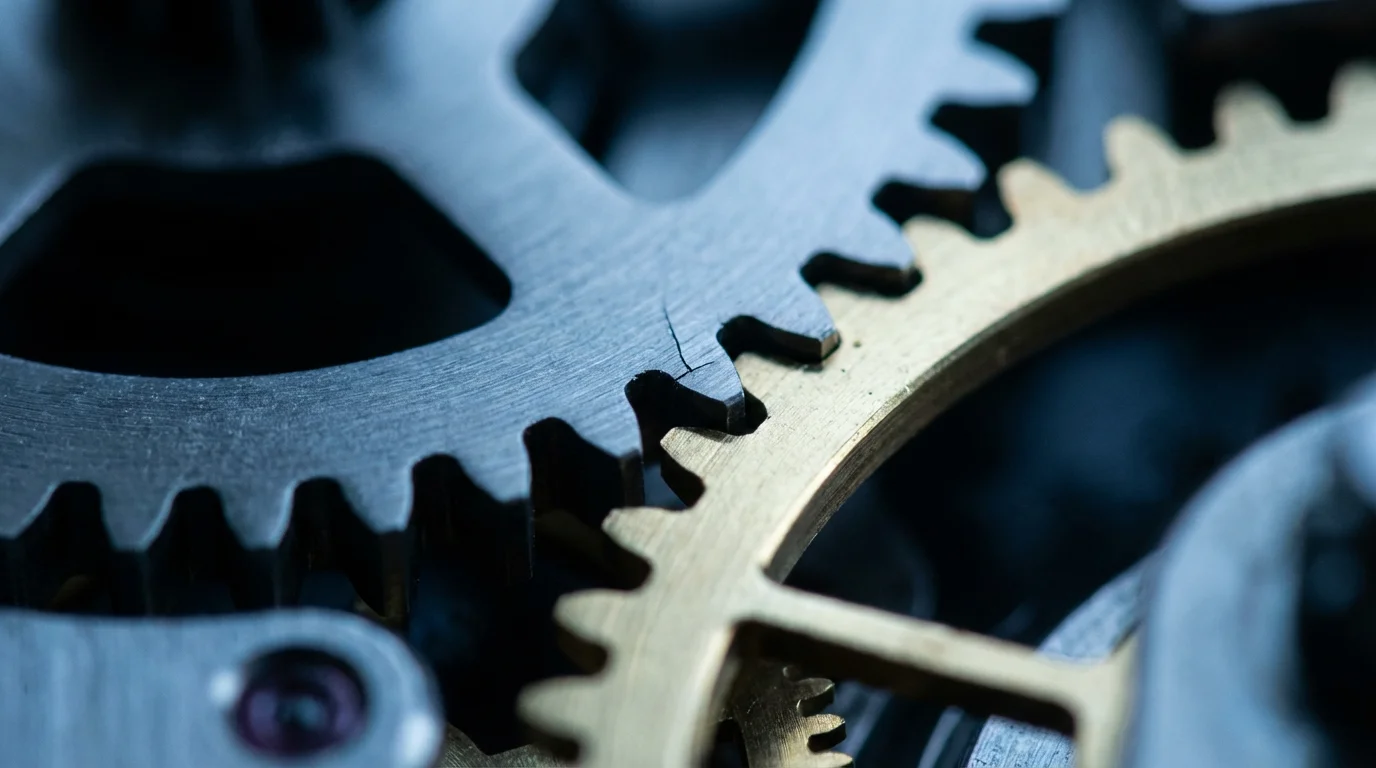 Macro photo of interlocking metal gears with a subtle flaw, representing troubleshooting security issues.