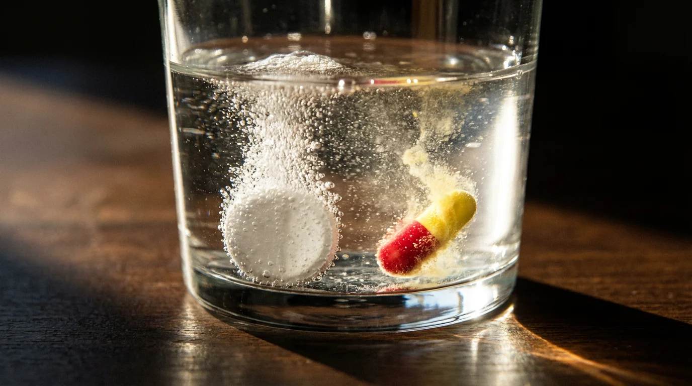 Macro photo of two different pills dissolving and interacting in a glass of water.