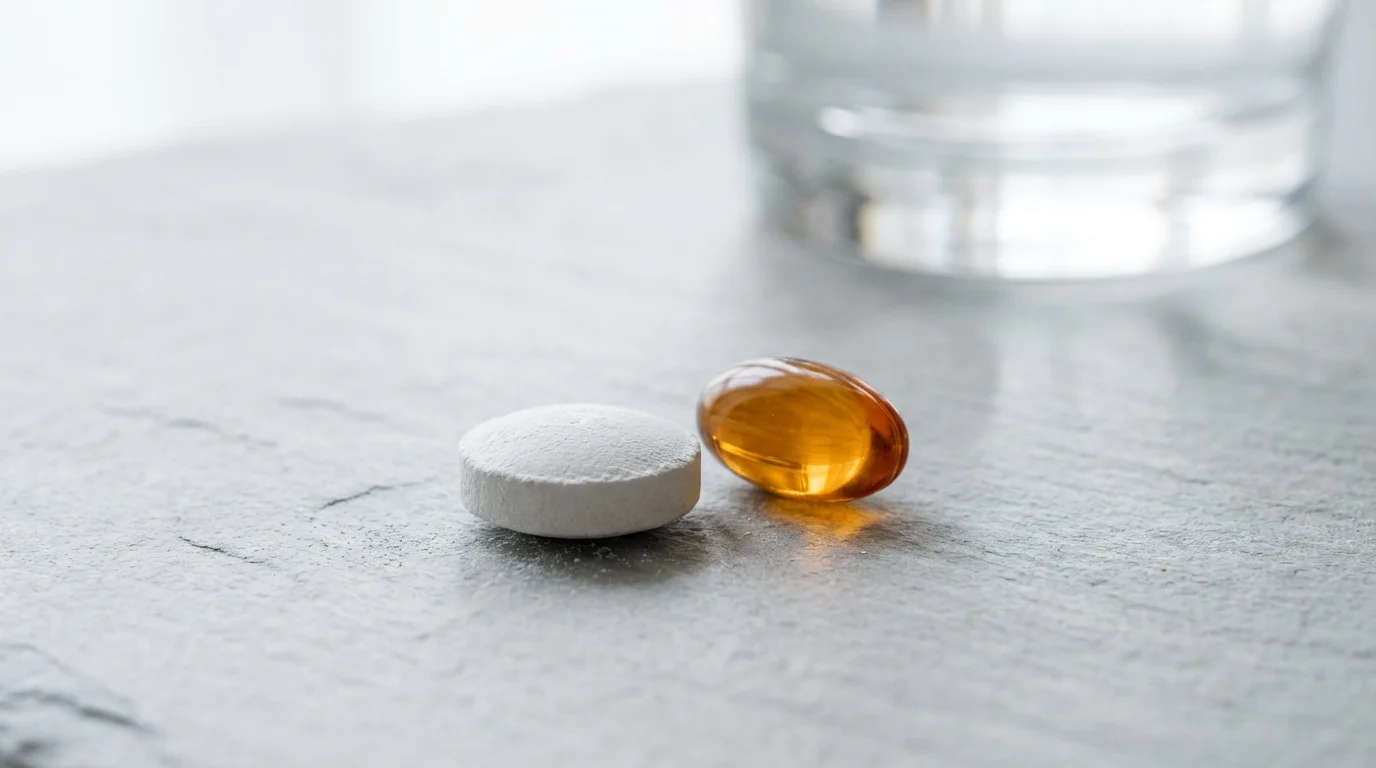 Macro photograph of a calcium tablet and vitamin D capsule for osteoporosis medical intervention.