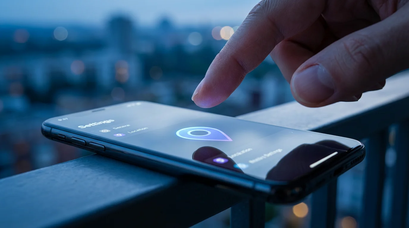 Macro photograph of a finger activating a location services icon on a smartphone.