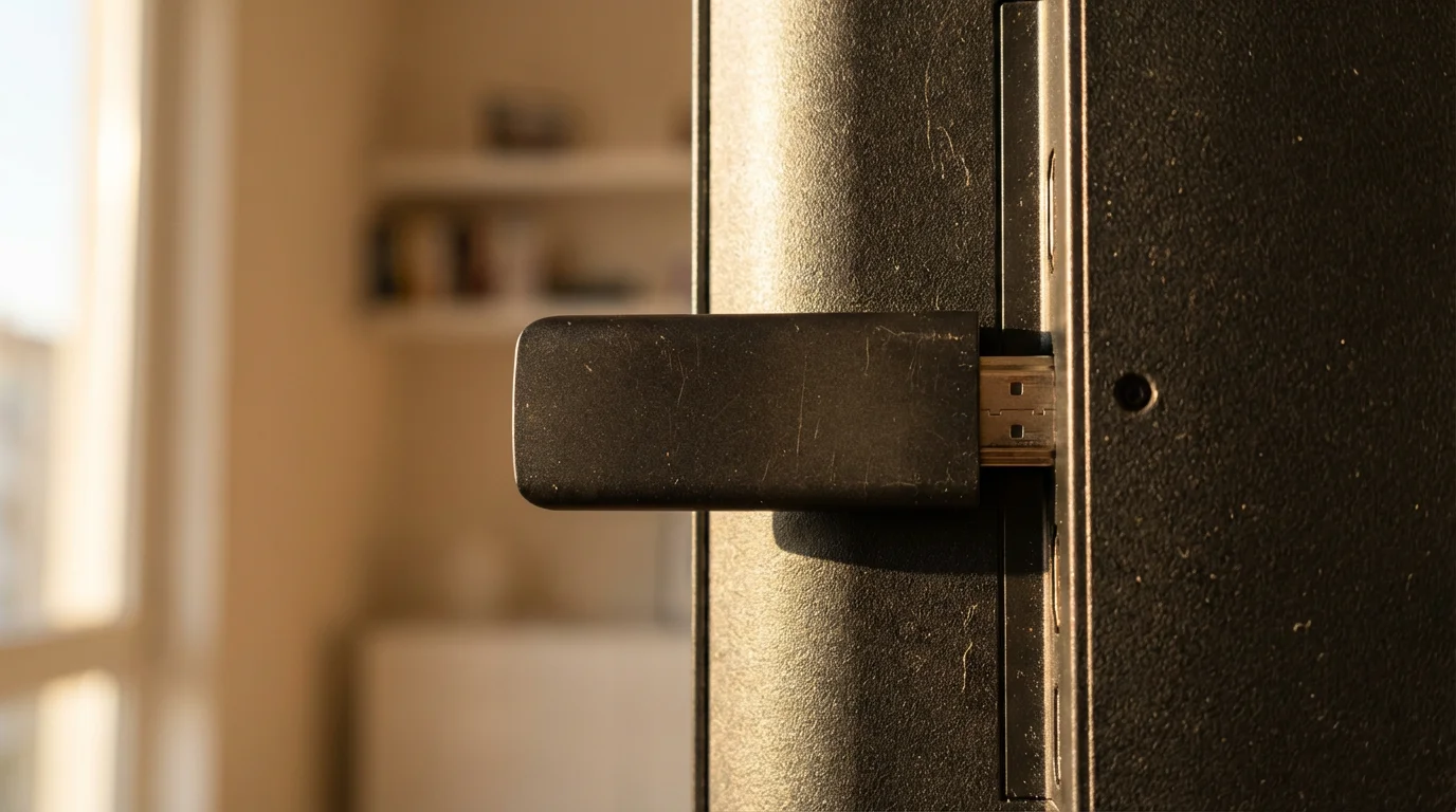Macro photograph of a generic media streaming device plugged into a television's HDMI port.