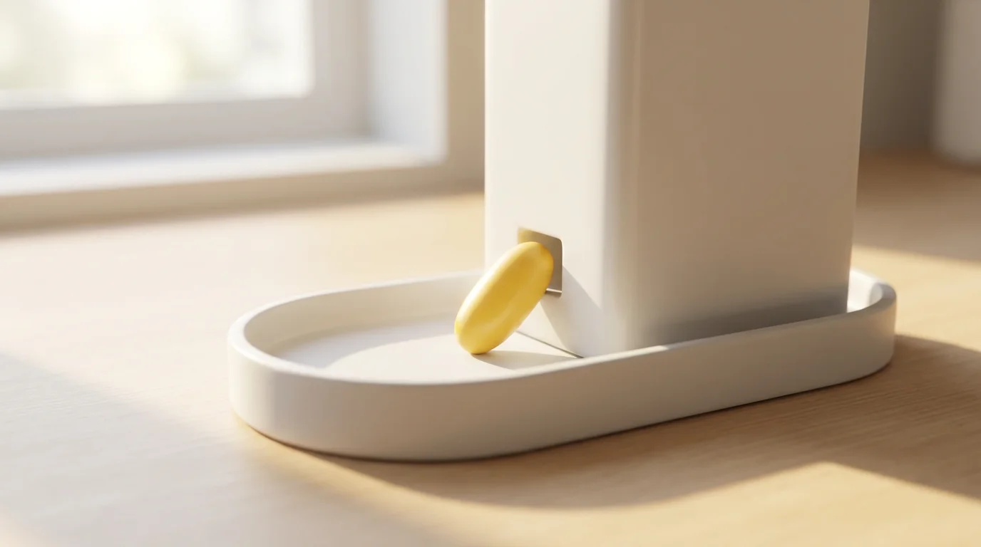 Macro photograph of a modern smart pill dispenser dispensing a vitamin into a tray.