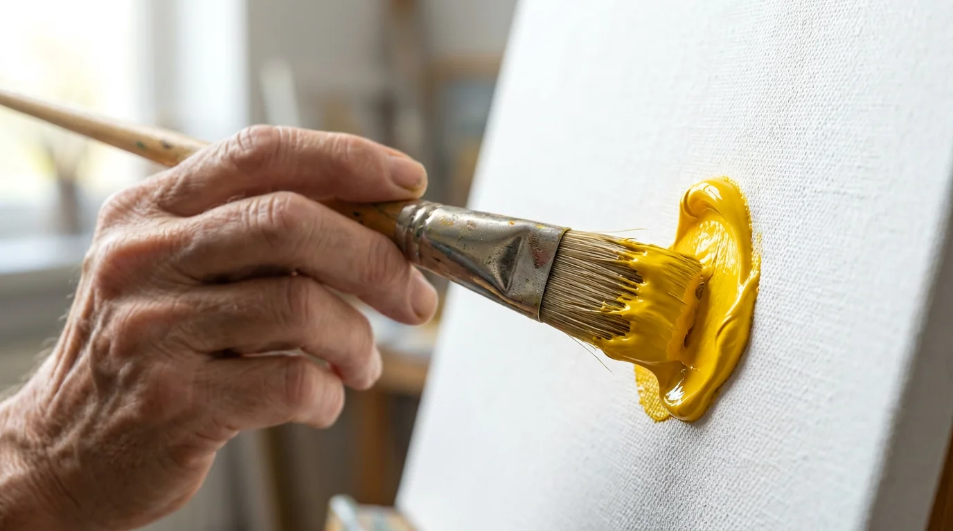 Macro photograph of a paintbrush with yellow paint touching a blank white canvas.