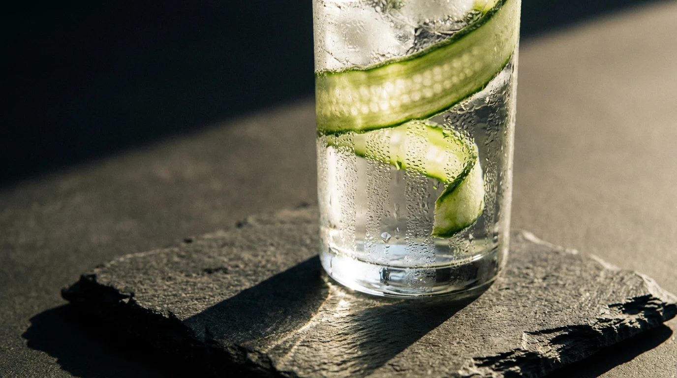 Macro shot of a glass of cold water with condensation and a cucumber slice.