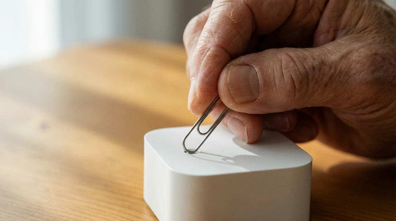 Macro shot of a hand using a paperclip to press a reset button on a smart device.