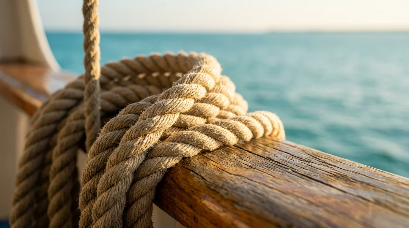 Macro shot of a nautical rope on a cruise ship's wooden railing at sunrise.