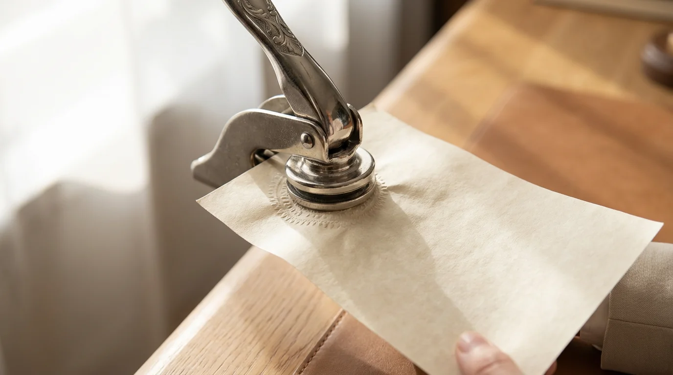Macro shot of a notary embosser pressing a seal onto an important legal document.