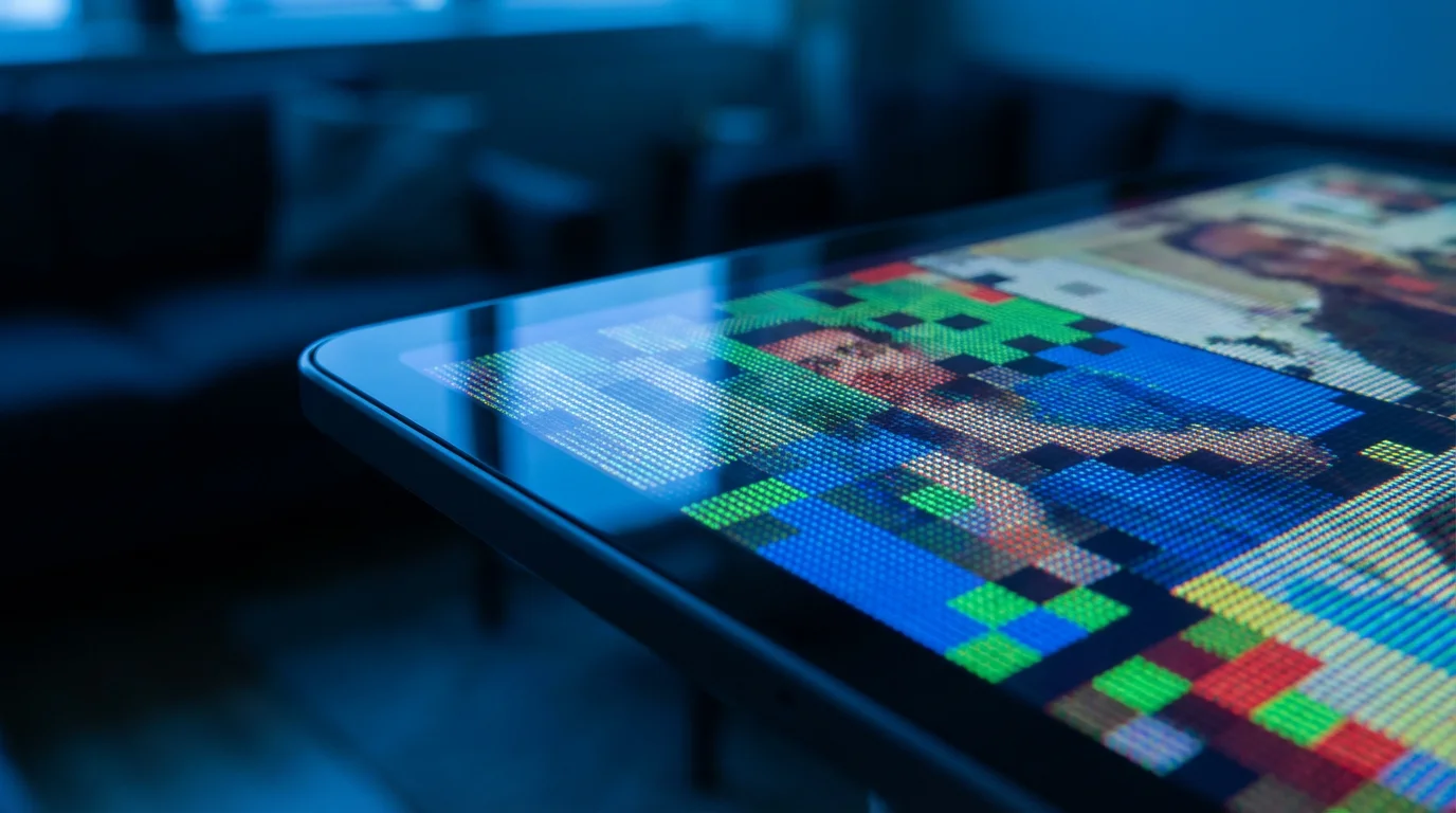 Macro shot of a pixelated, frozen video call on a tablet screen during blue hour.