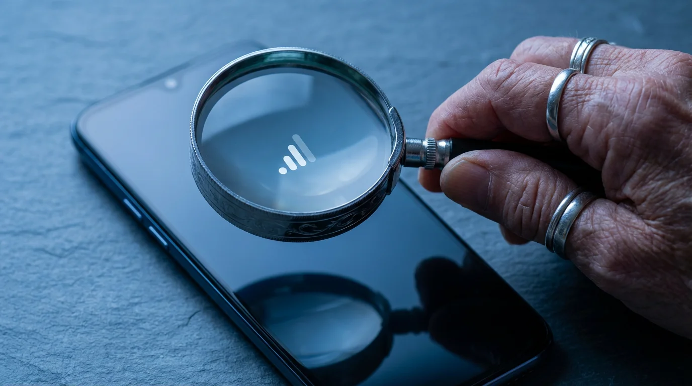 Macro shot of a senior's hand holding a magnifying glass over a smartphone screen.