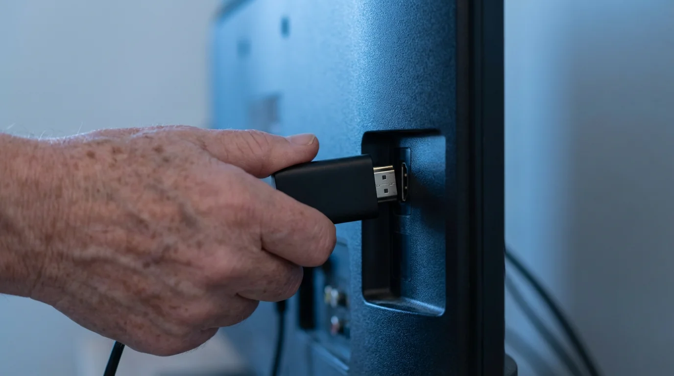 Macro shot of a senior's hand plugging a streaming stick into a television.