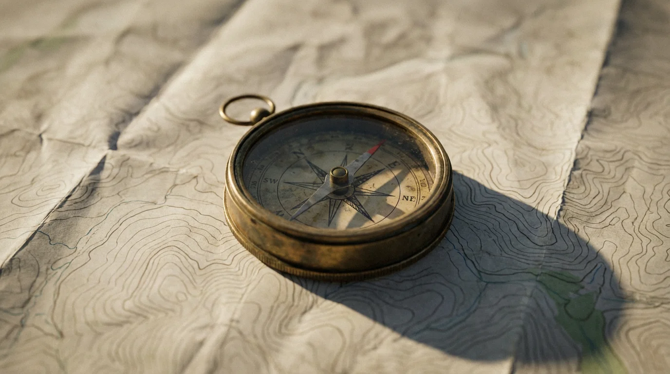 Macro shot of a vintage brass compass on a map in afternoon light.