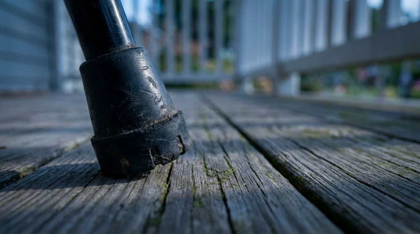 Macro shot of a walking cane's rubber tip resting on a wooden deck at twilight.