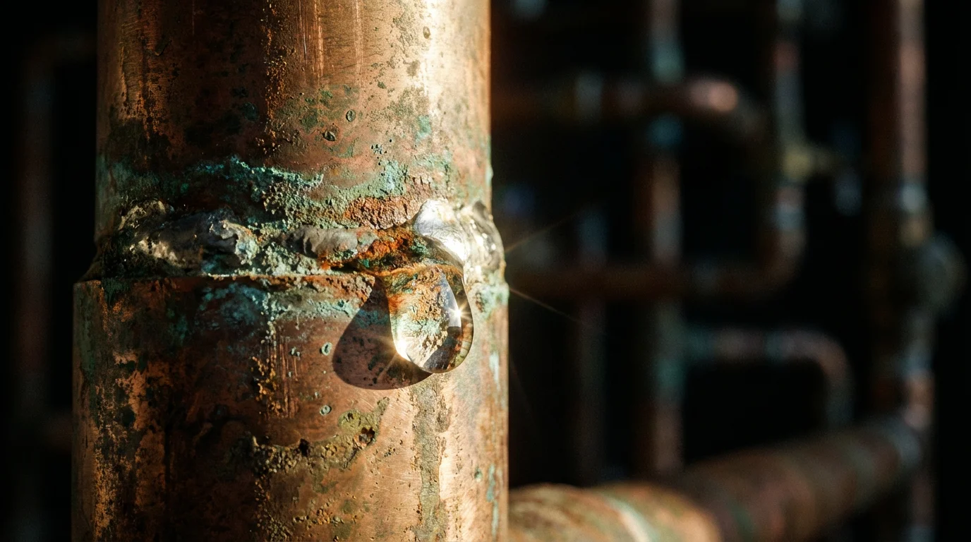 Macro shot of a water droplet on a copper pipe representing internal pressure.