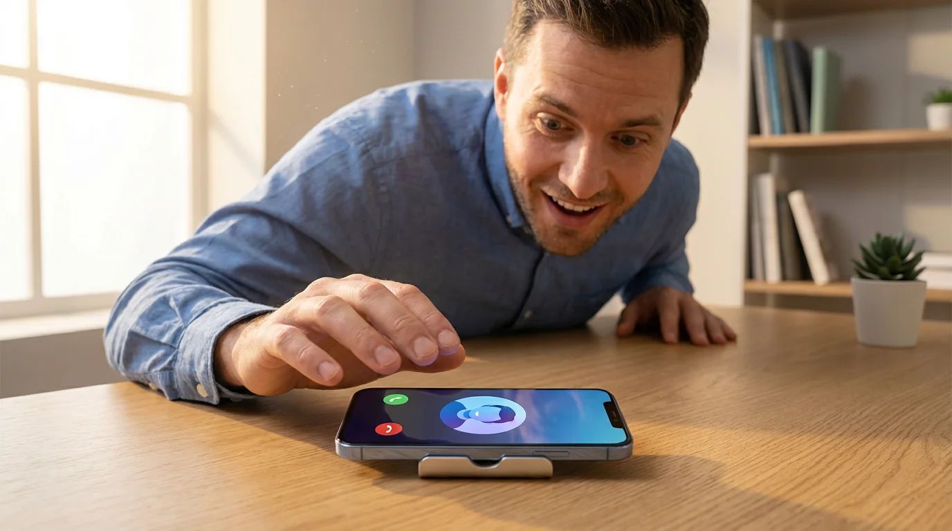 Man in a home office about to answer an incoming video call on his smartphone.