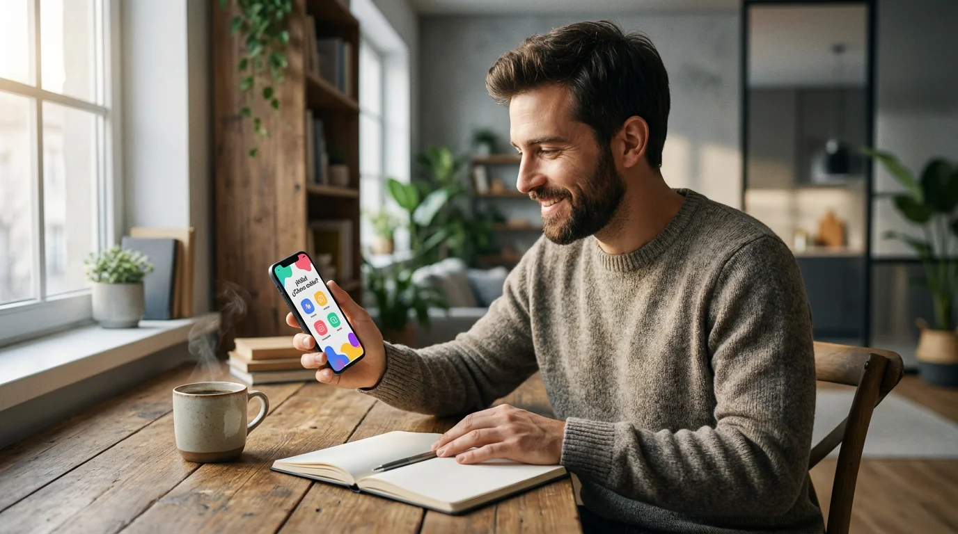 Man learning a new language using a smartphone app and a physical notebook.