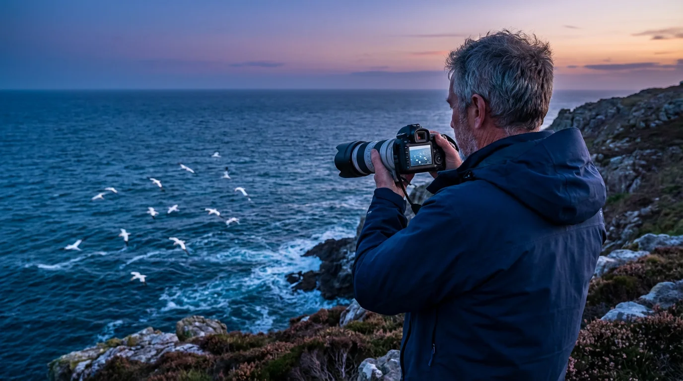 Man with a camera birdwatching on a rugged coastal cliff at twilight.