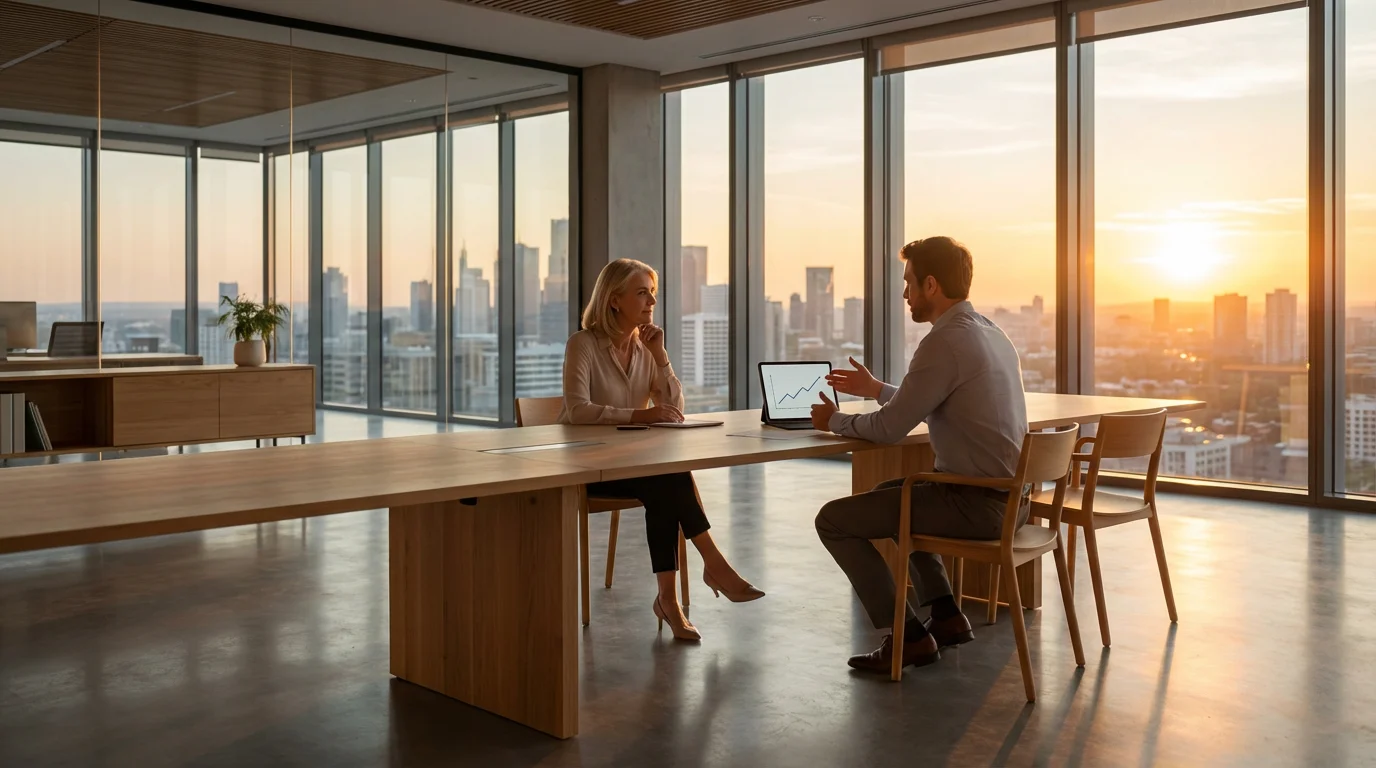 Mature client meeting with a financial advisor in a modern office overlooking a city.