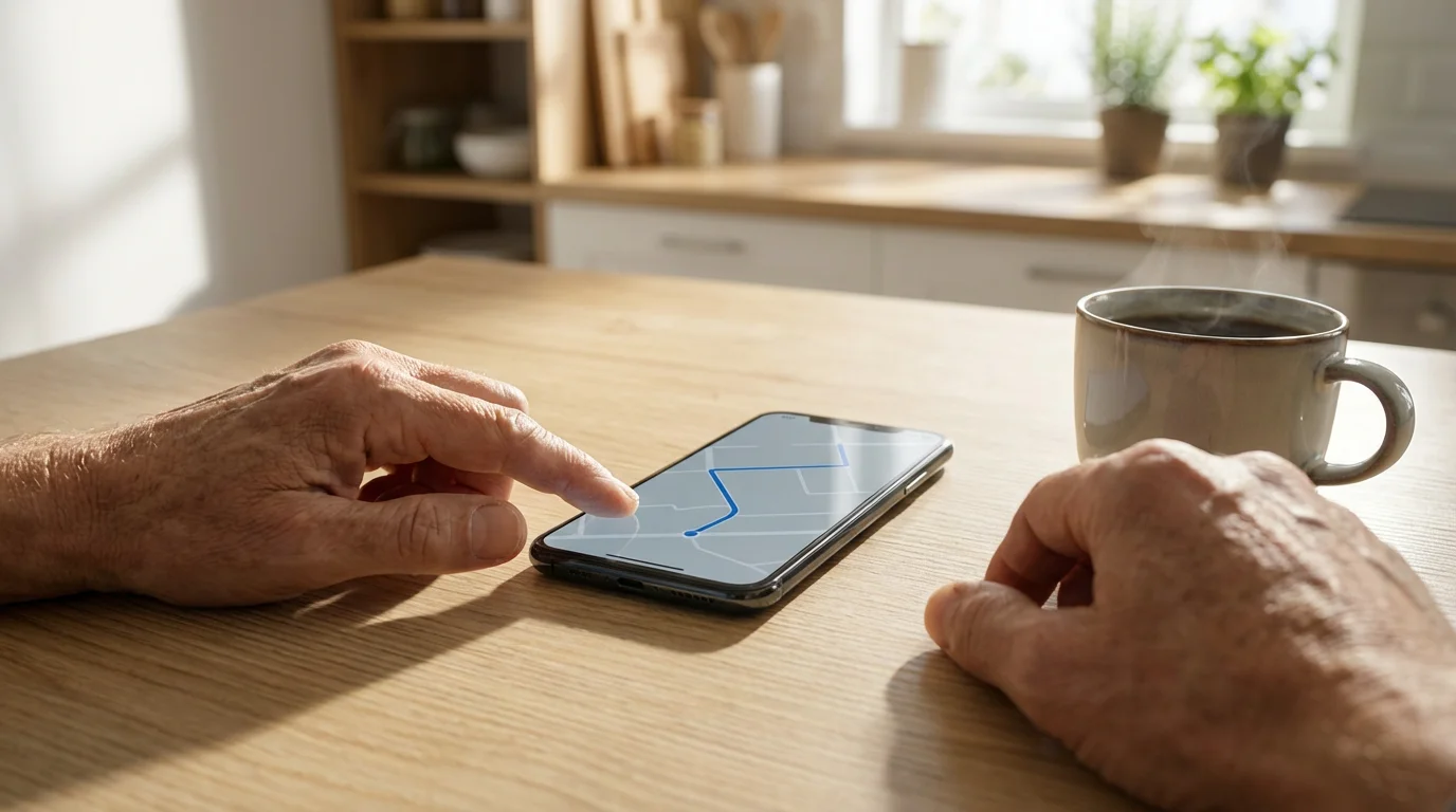 Mature hands holding a smartphone displaying an abstract GPS map on a table.