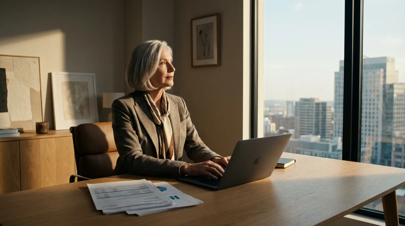 Mature woman sits at a desk in the afternoon light, thoughtfully planning her finances.