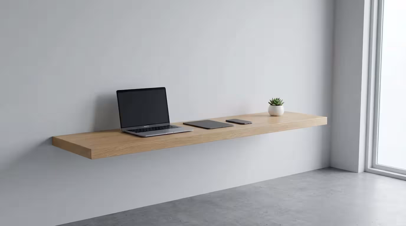 Modern electronic devices including a laptop and smartphone arranged on a floating wooden shelf.