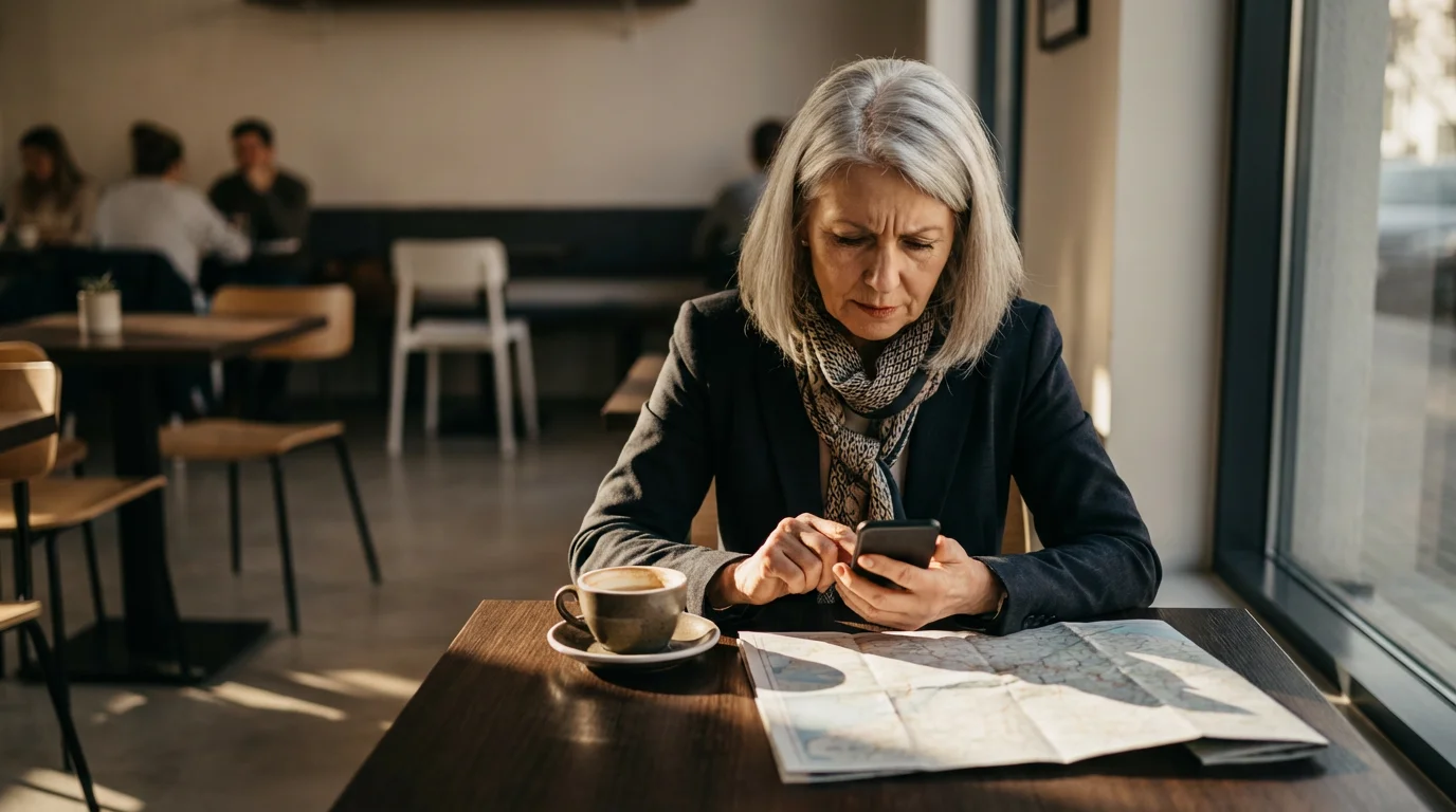 Older woman in a cafe uses her smartphone to manage travel insurance details.