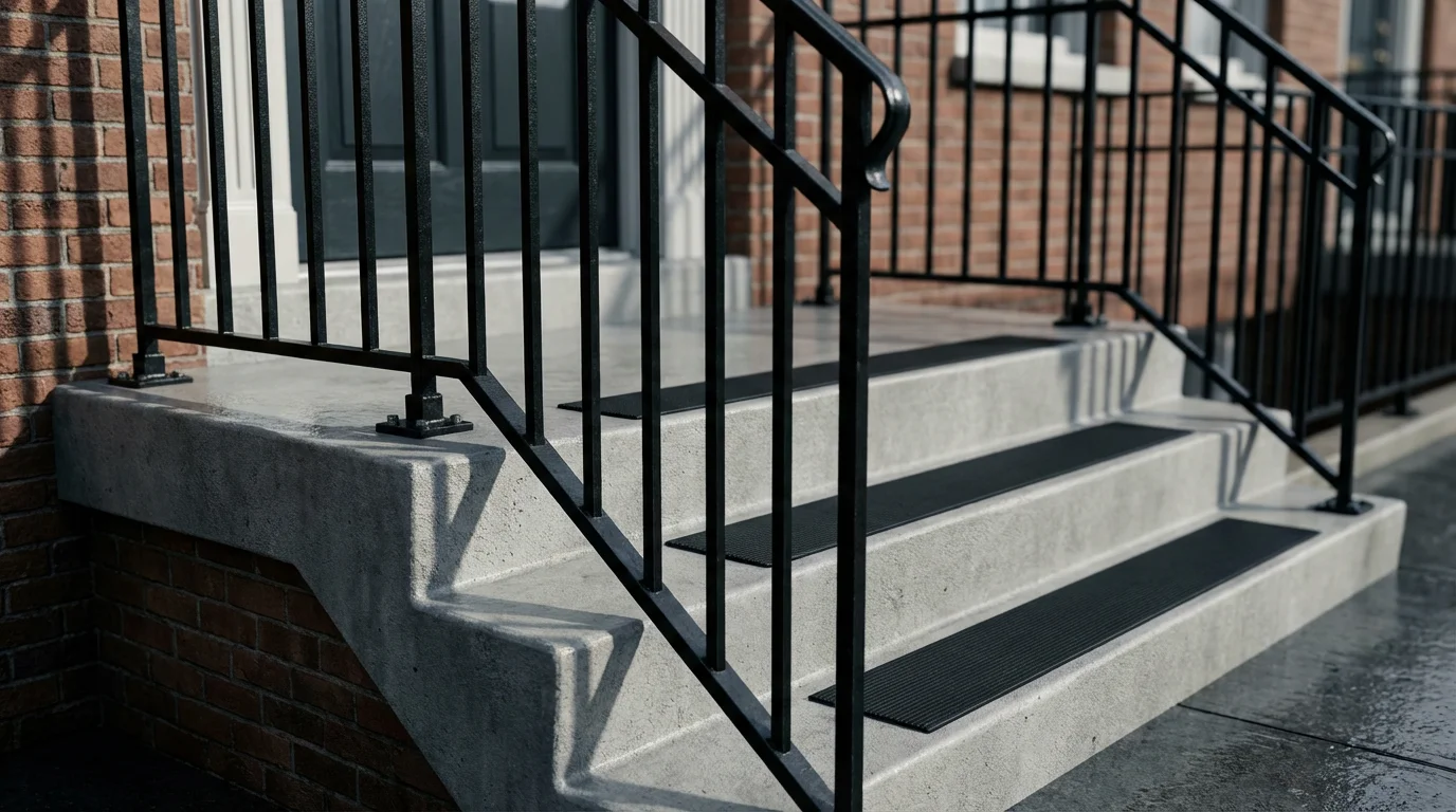 Outdoor concrete steps with a sturdy black metal handrail and non-slip safety treads.
