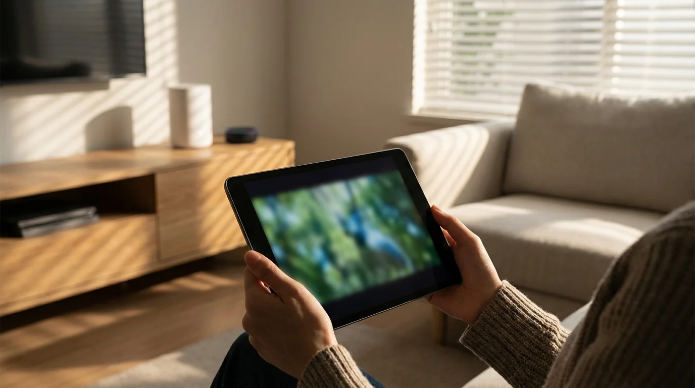 Over-the-shoulder shot of a person using a tablet in a living room.