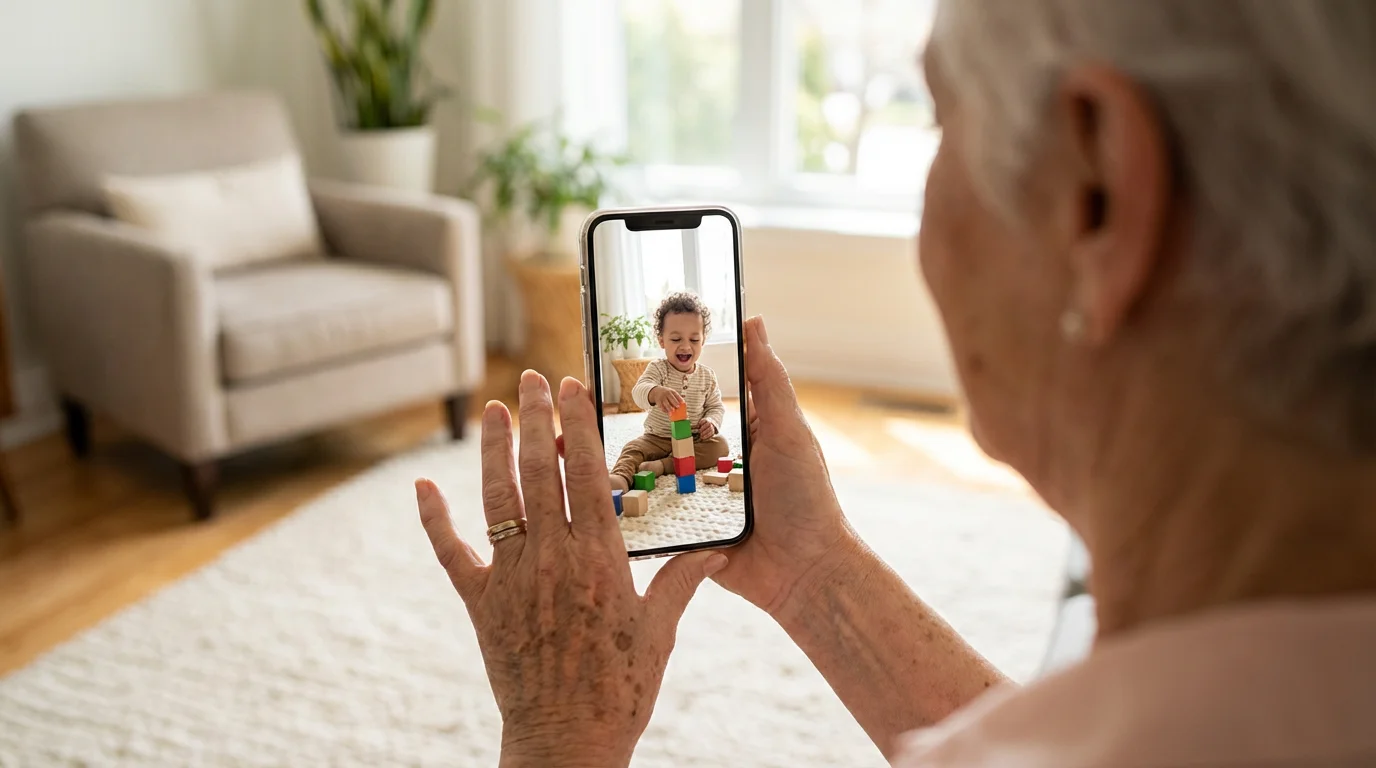 Over-the-shoulder view of a grandmother taking a smartphone photo of her playing grandchild.