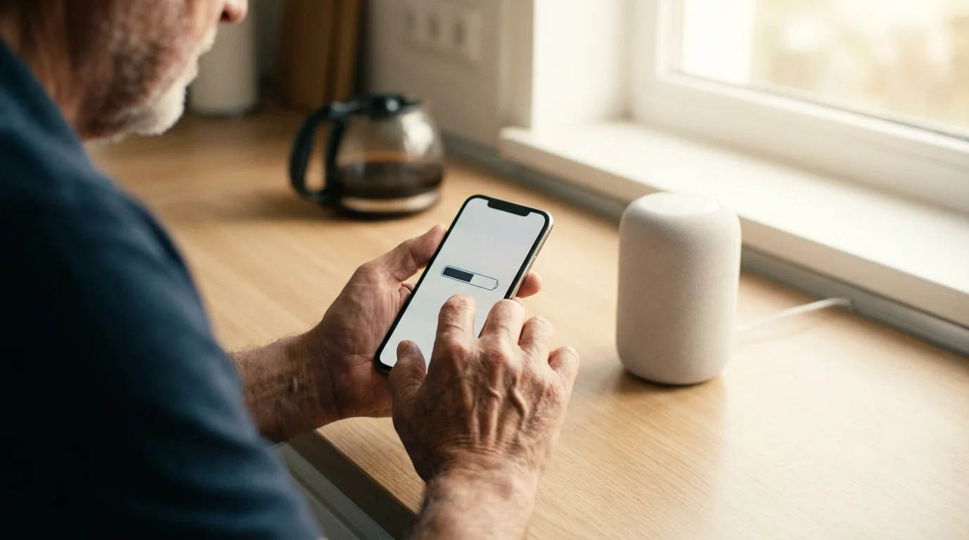 Over-the-shoulder view of a man connecting his smartphone to a smart speaker device.