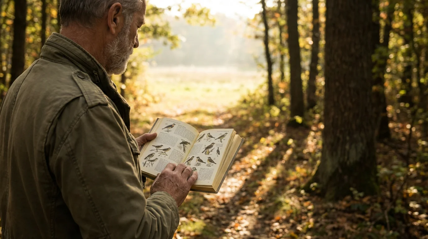 Over-the-shoulder view of a man holding a birdwatching field guide in a sunny forest.