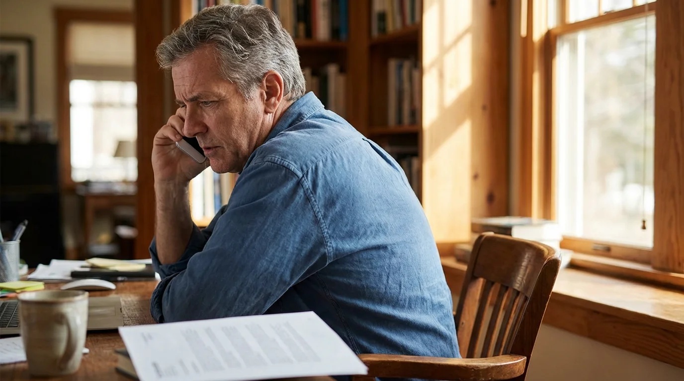 Over-the-shoulder view of a mature man on the phone at his desk.
