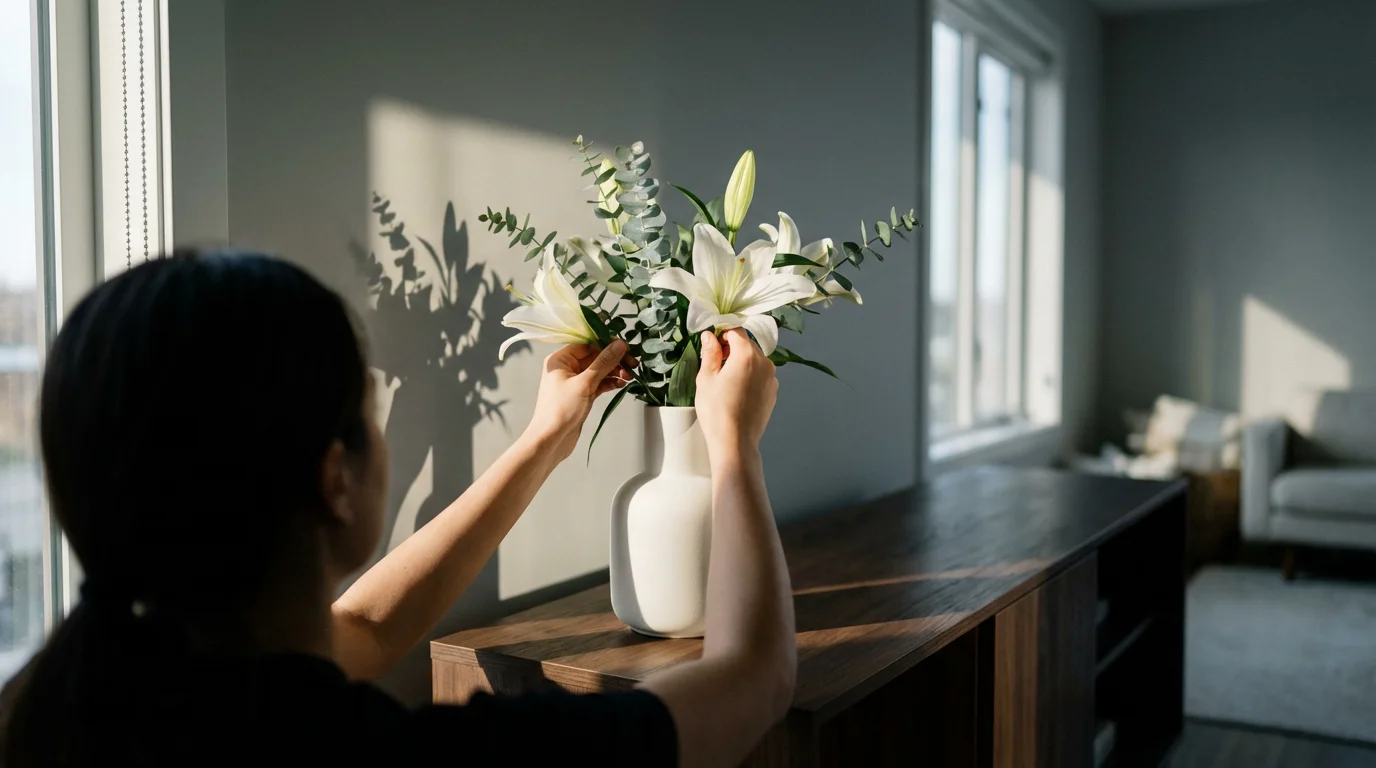 Over-the-shoulder view of a person arranging fresh white flowers in a minimalist vase.