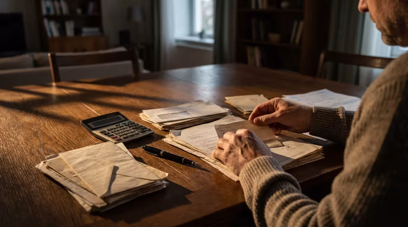 Over-the-shoulder view of a person at a table reviewing financial paperwork and house documents.