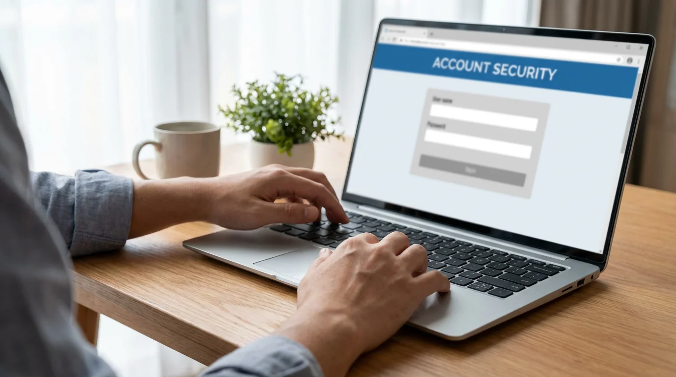Over-the-shoulder view of a person changing their password on a laptop in a sunlit room.