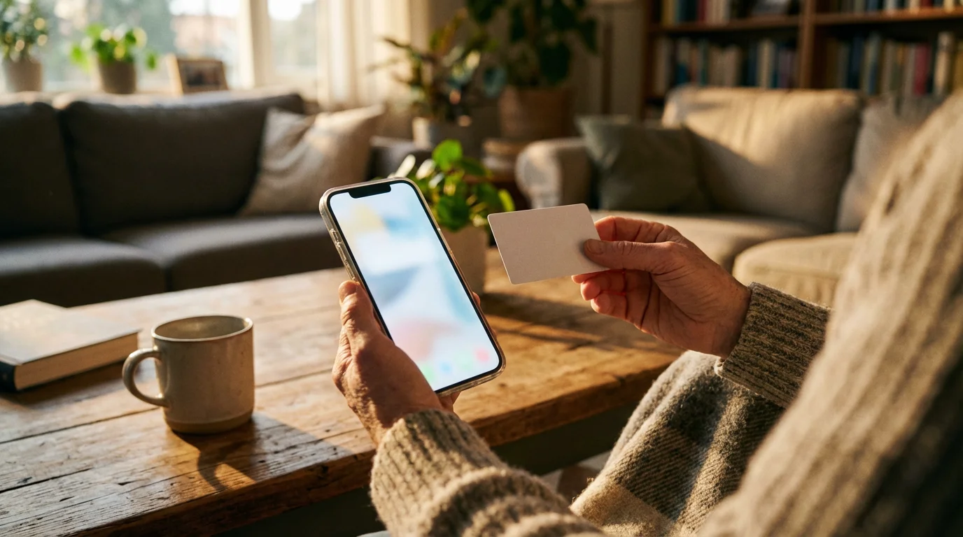 Over-the-shoulder view of a person cross-referencing a smartphone with a physical card at sunset.