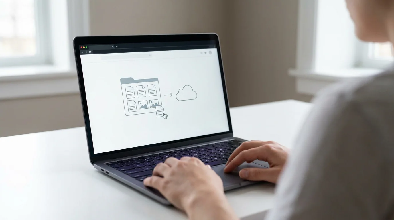 Over-the-shoulder view of a person dragging file icons to a cloud storage folder on a laptop.