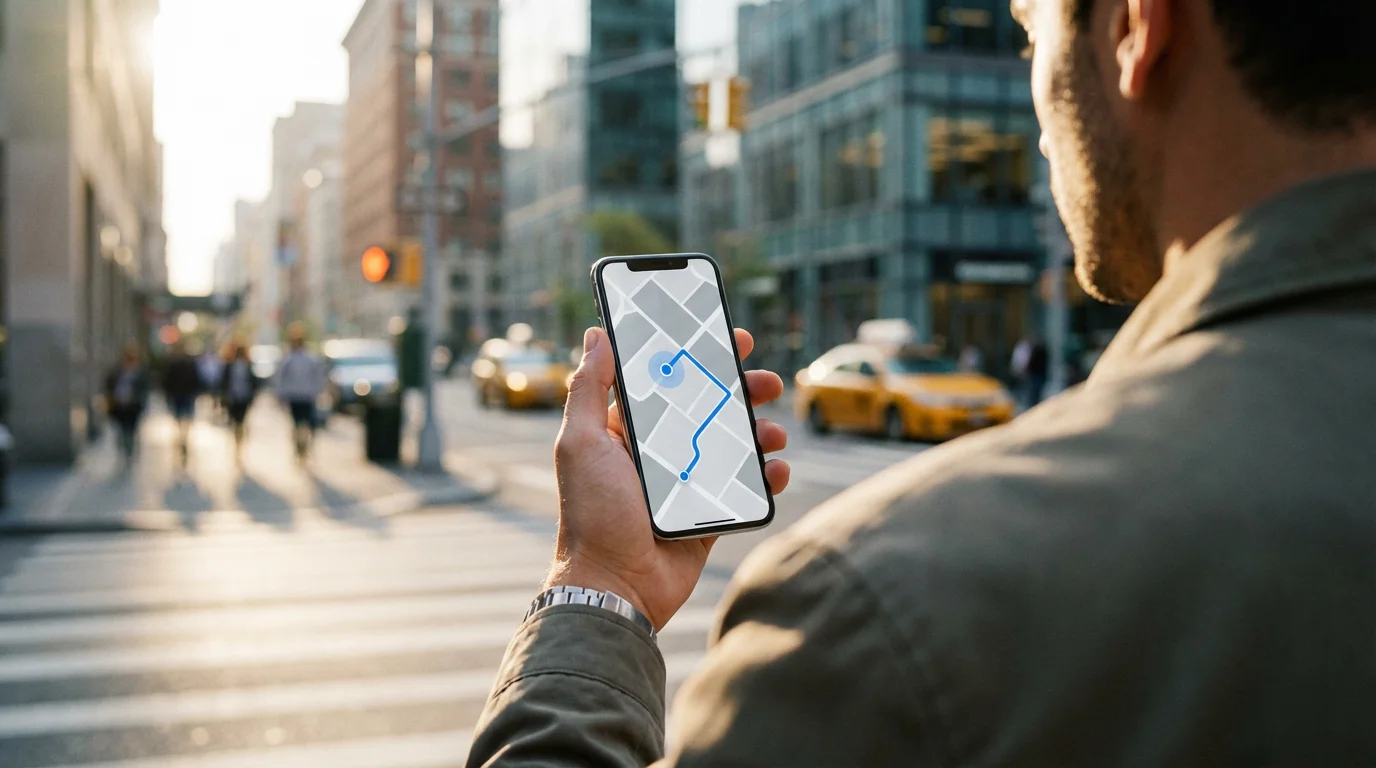 Over-the-shoulder view of a person holding a smartphone with a GPS map app open.