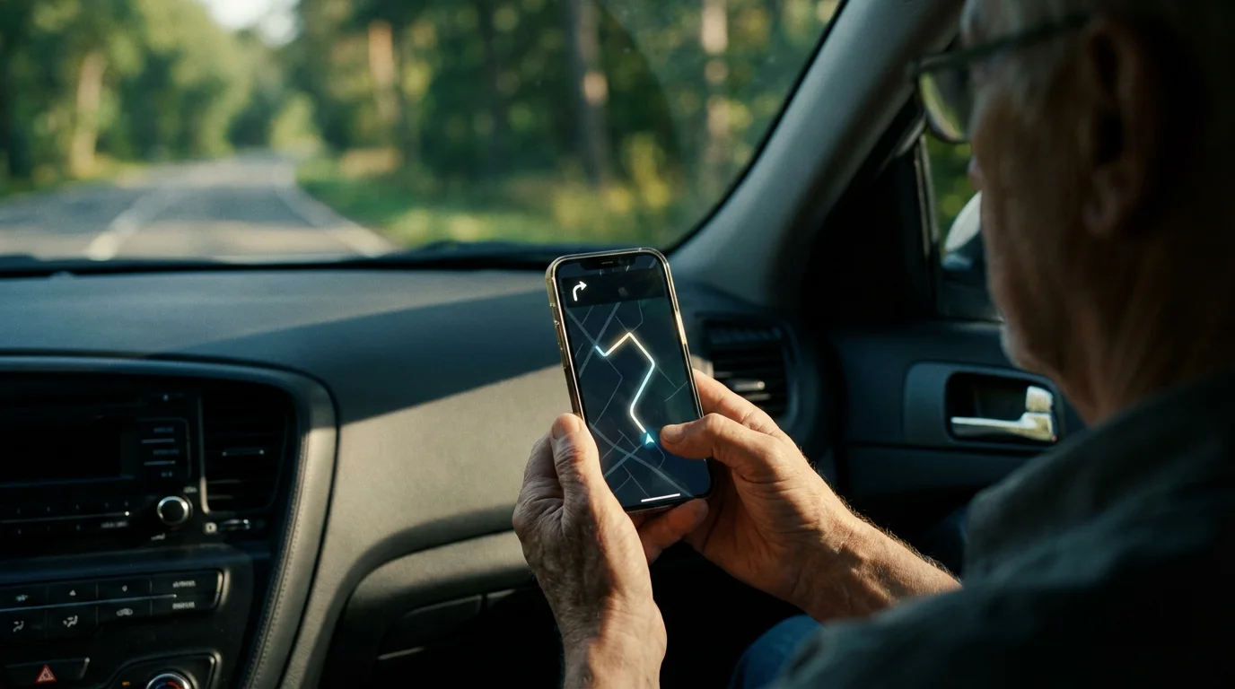 Over-the-shoulder view of a person in a car using smartphone GPS navigation.