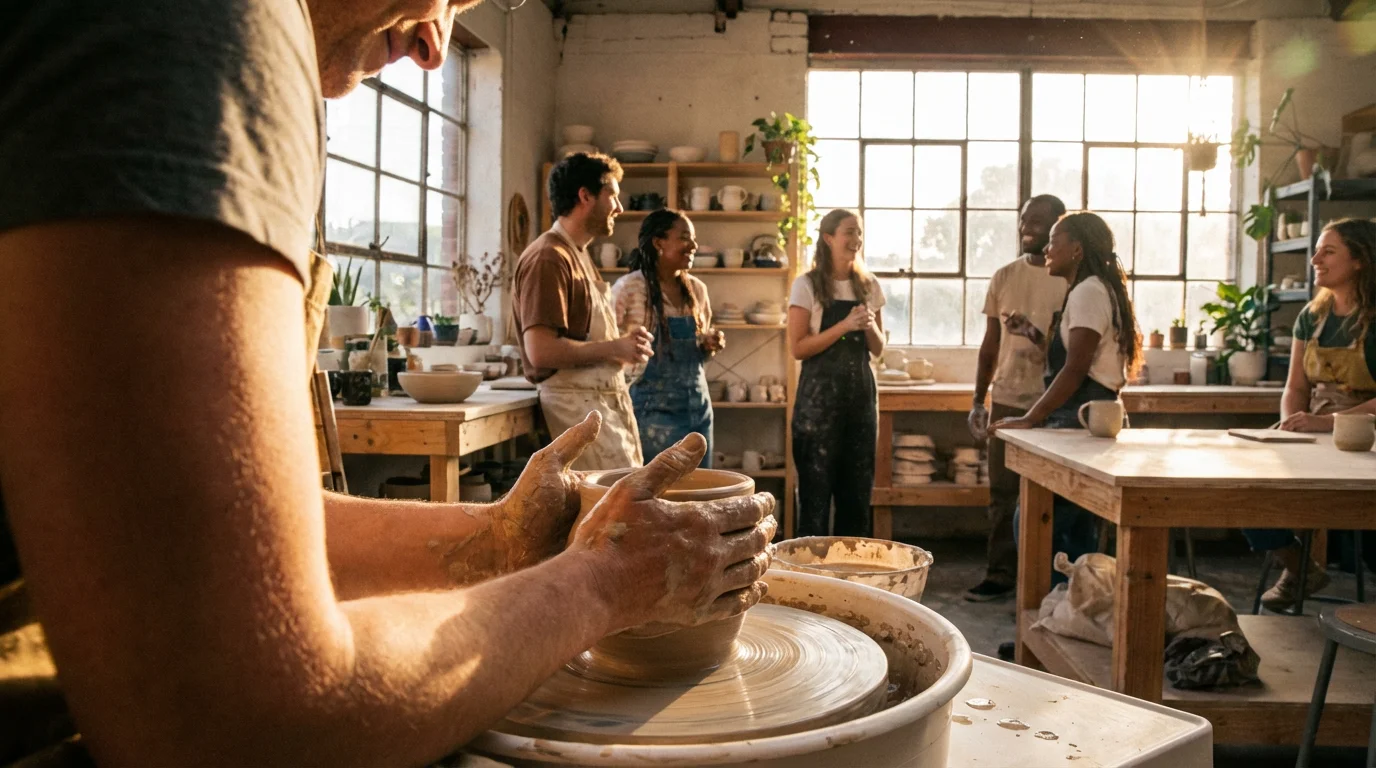 Over-the-shoulder view of a person making pottery during a warm, sunlit community class.