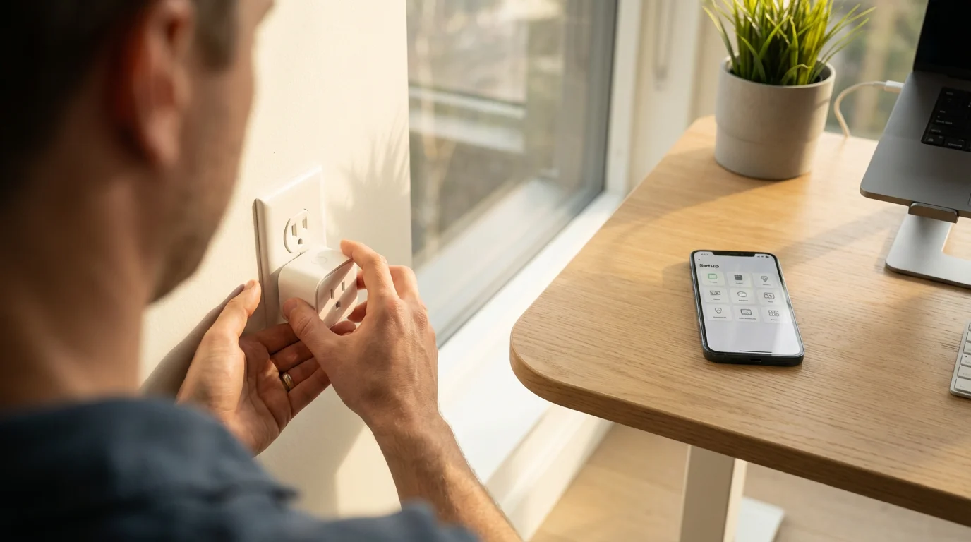 Over-the-shoulder view of a person plugging a smart plug into a wall outlet.