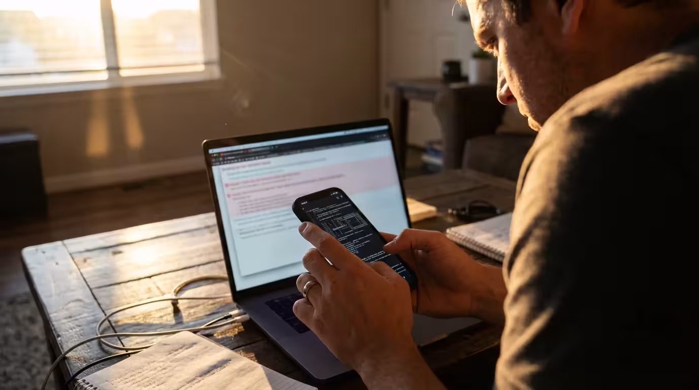 Over-the-shoulder view of a person troubleshooting with a smartphone and a laptop indoors.